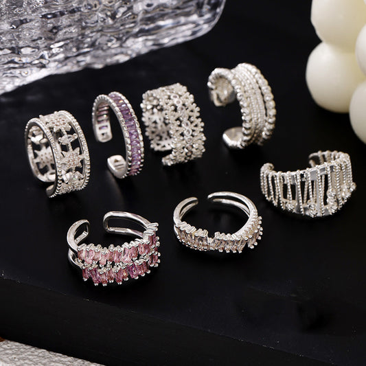 Sier Light Luxury High Sense Design Open Adjustable Zircon Ring