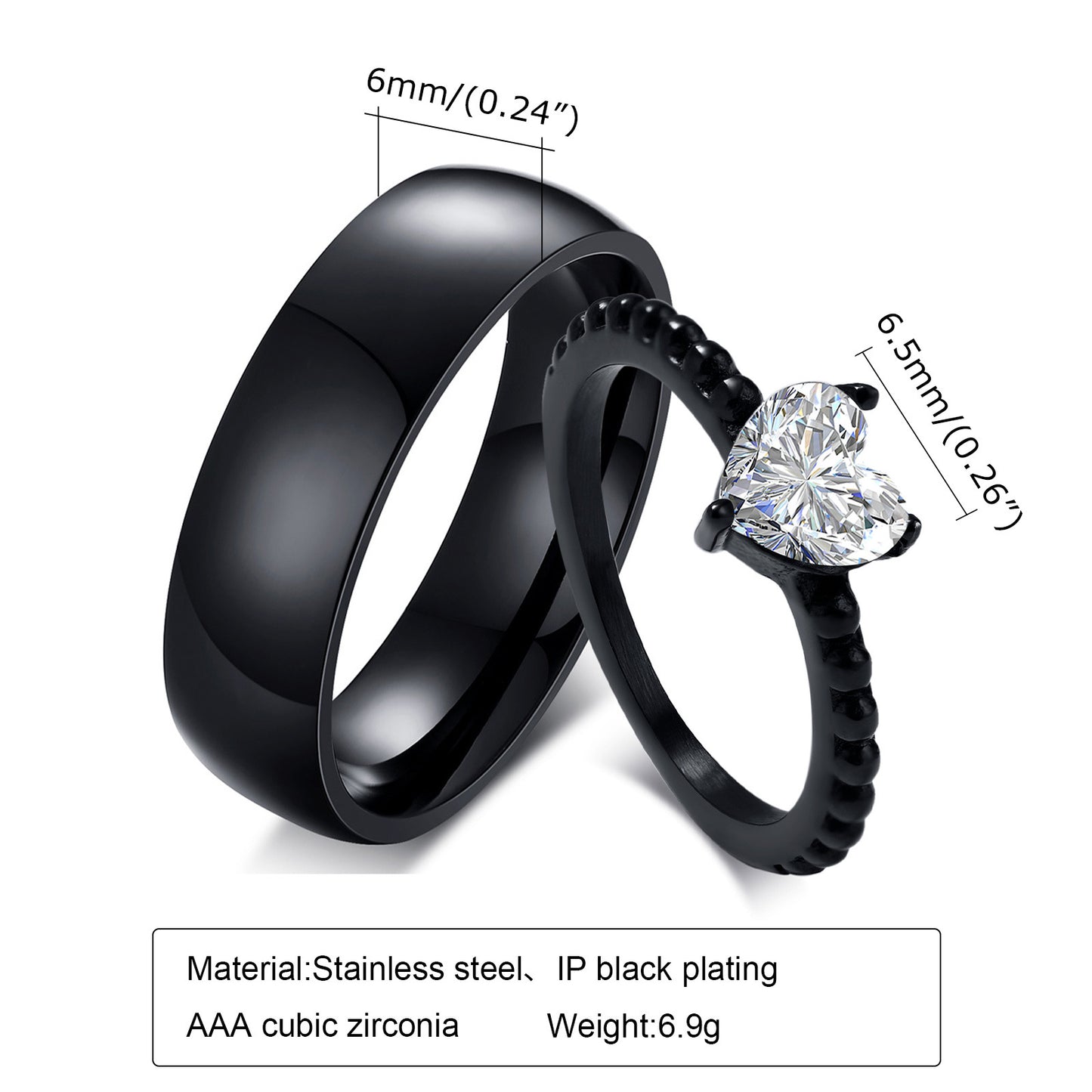 Couple Black Zircon Wedding Titanium Steel Rings