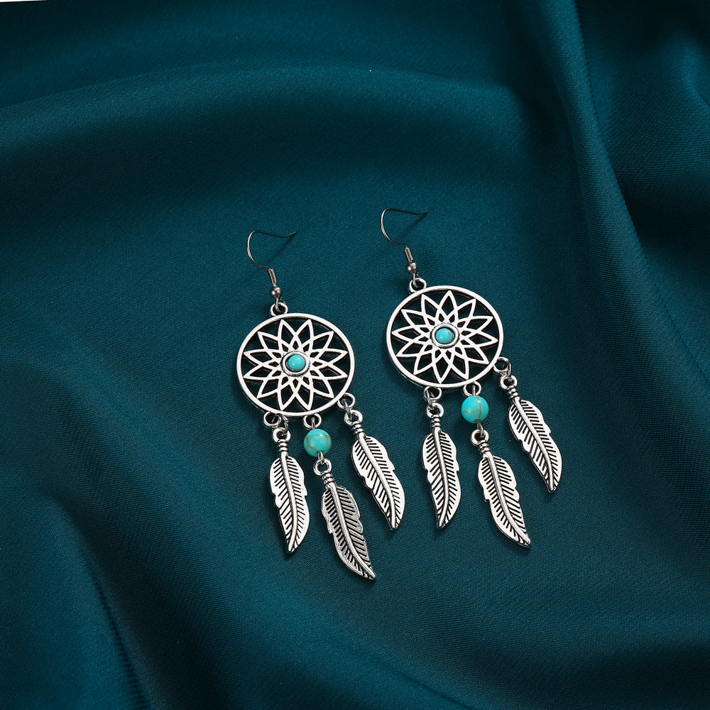 Trendy Vintage Bohemian Turquoise Feather Hollow Earrings