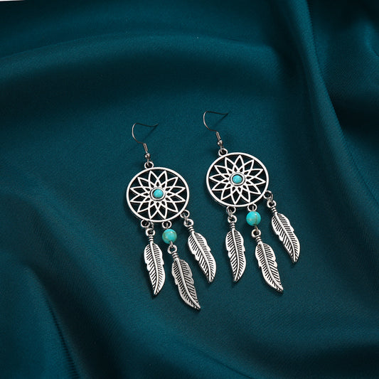 Trendy Vintage Bohemian Turquoise Feather Hollow Earrings