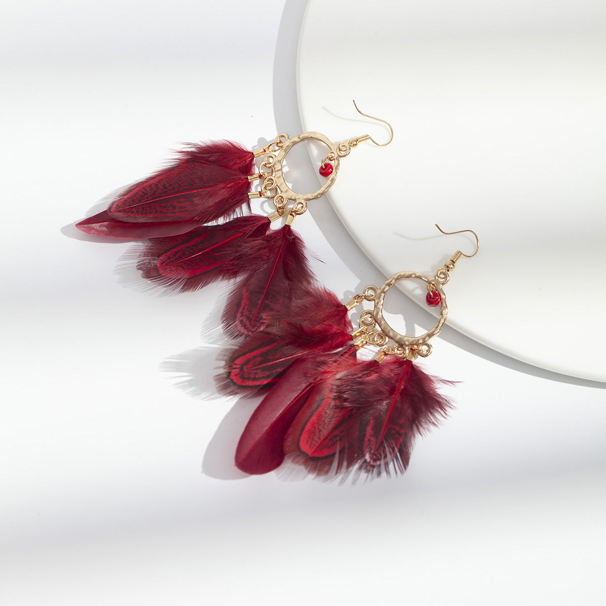 Personality Round Bead Feather Tassel Long Bohemian Earrings