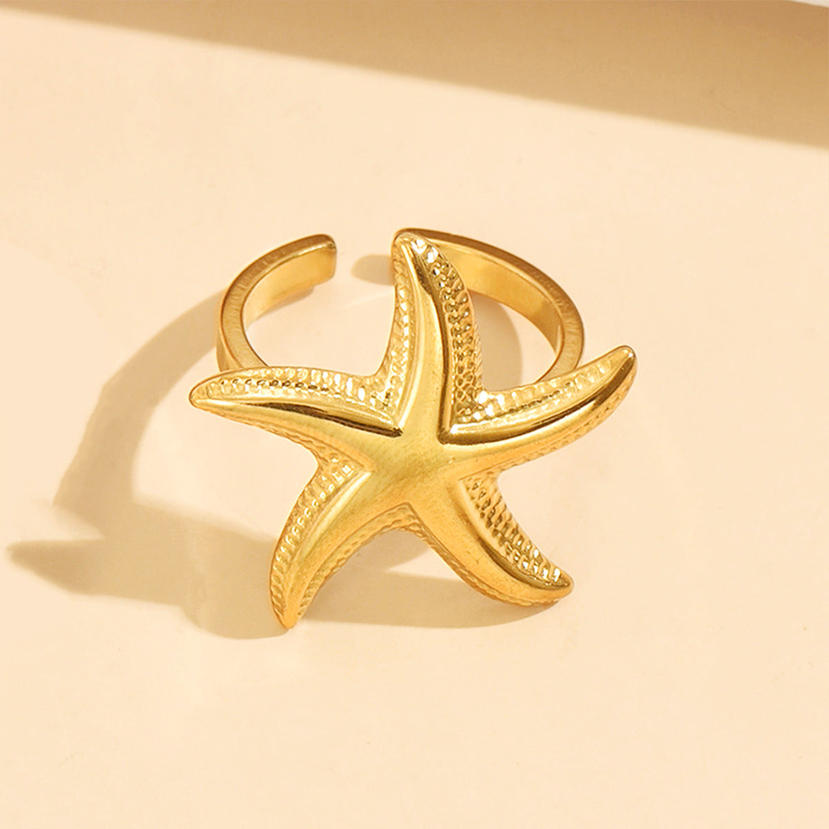 Fashion Stainless Steel Fresh Casual Vacation Style Stereo Starfish Ring