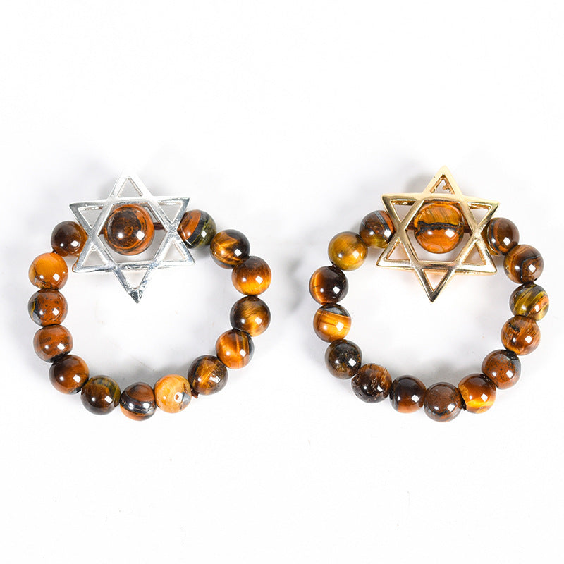Natural Crystal Stone Round Beads Six-pointed Star Jade Handmade Rings