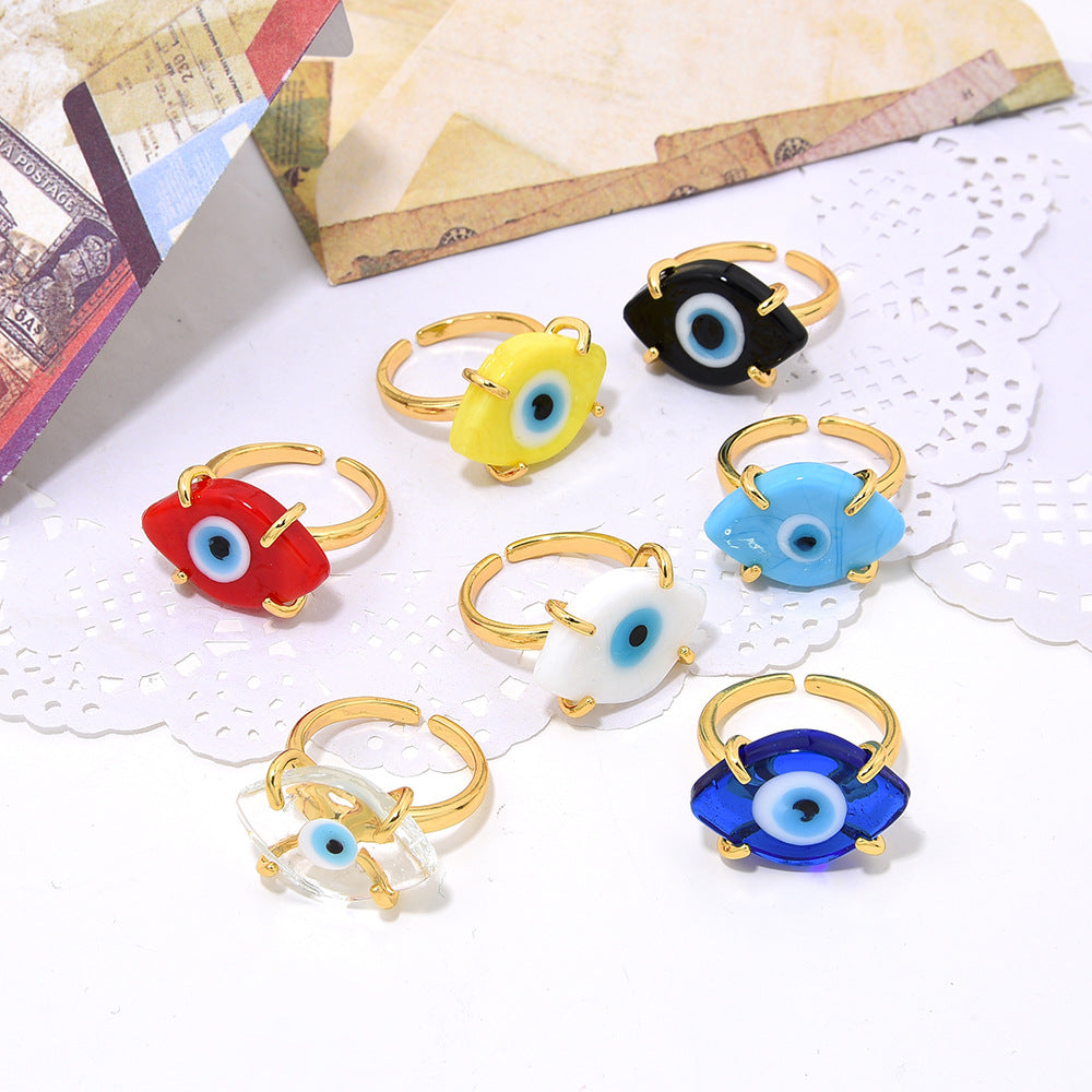 Women's Handmade Gold Copper Inlaid Glass Eyes Open-end For Bohemian Adjustable Ring