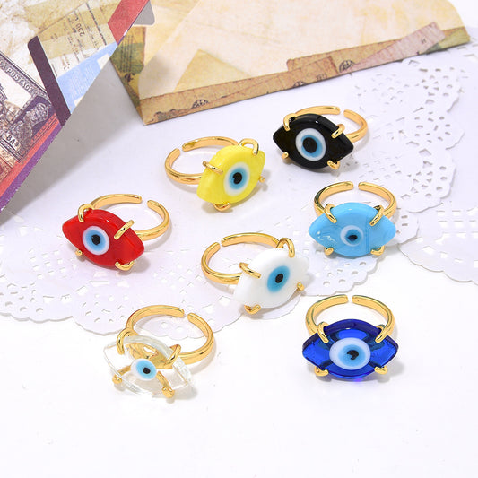 Women's Handmade Gold Copper Inlaid Glass Eyes Open-end For Bohemian Adjustable Ring
