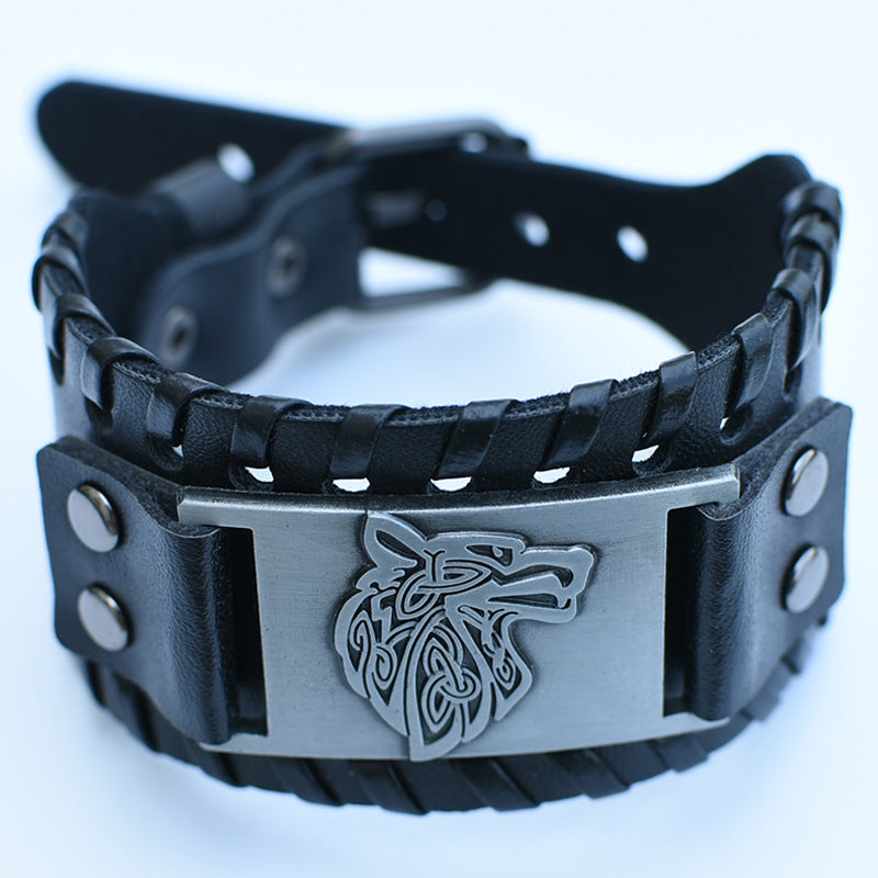 Men's Retro Viking Totem Leather Wolf Head Bear Claw Gossip Lucky Bracelet
