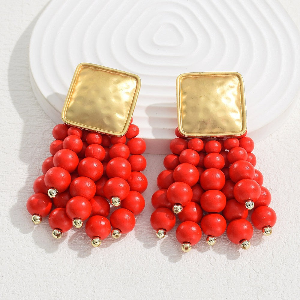 Women's Retro Red Wooden Bead High-grade Light Luxury Holiday Atmosphere Earrings