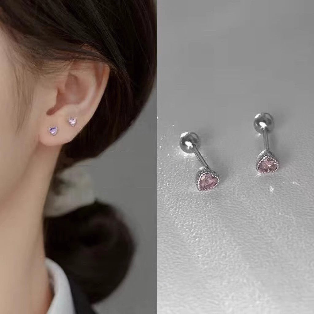 Women's Sterling Sier Screw Tightening Buckle Colorful Crystals Love Ear Bone Stud Earrings