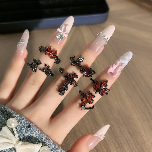 Trendy Cool Full Diamond Dark Style Cross Red Maple Leaf Ring