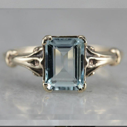 Classic Square Navy Blue Topaz Female Ancient Sier-plated Rings
