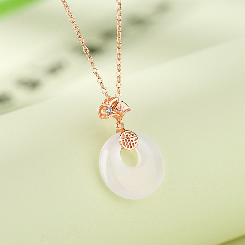Women's Ginkgo Leaf Peace Buckle Chinese Style Fu Character Imitation Chalcedony Necklace