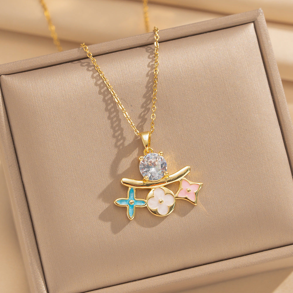 Love Heart Flowers Enamel Fashion Micro Inlaid Zircon Necklace