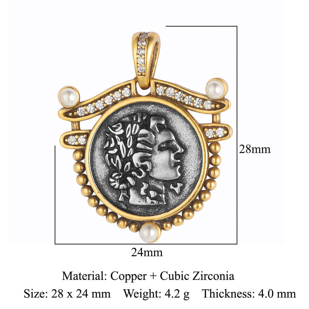 Style Vintage Ancient Sier Coin Copper Zircon Pendants