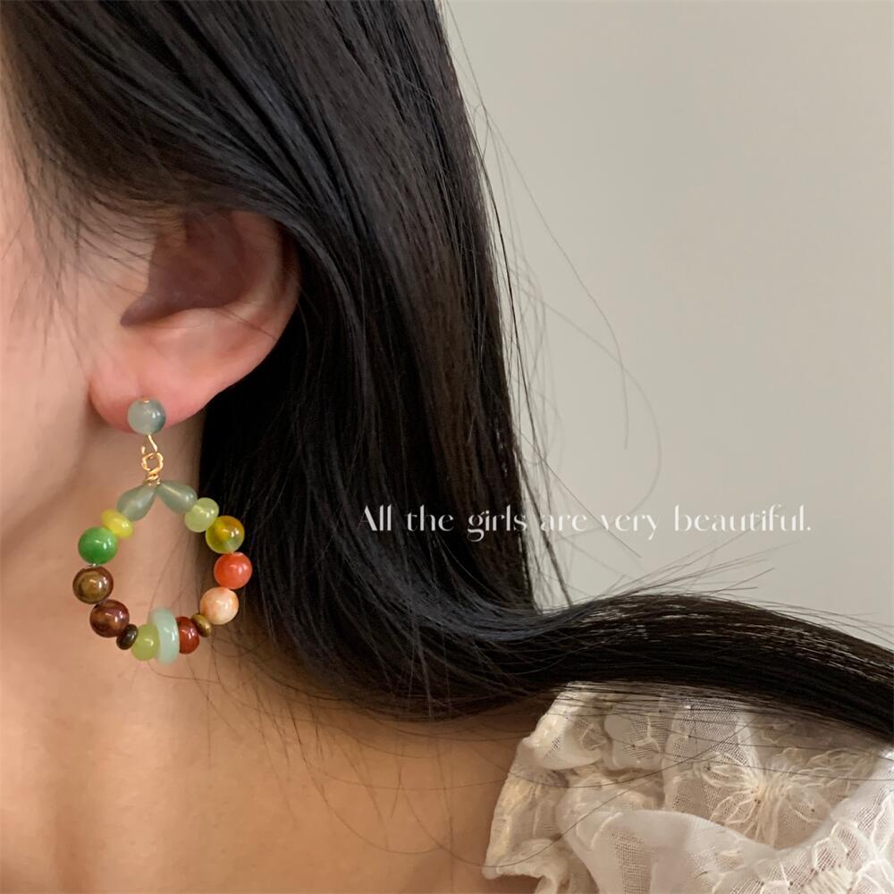 Chinese Style Natural Stone Beaded Asymmetric Mori Artistic Retro Earrings
