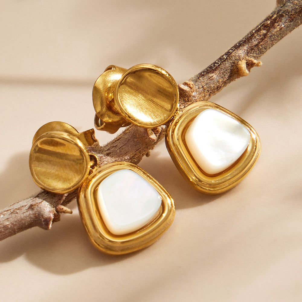 Women's Thick Gold Plated Retro Natural Fritillary Square Stainless Steel Niche Earrings