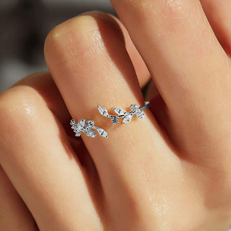 Diamond Leaf Opening Adjustable Creative Female Rings