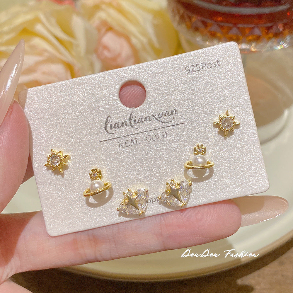 Women's Needle One Card Three Pairs Earings Small Delicate Summer High-grade Stud Earrings