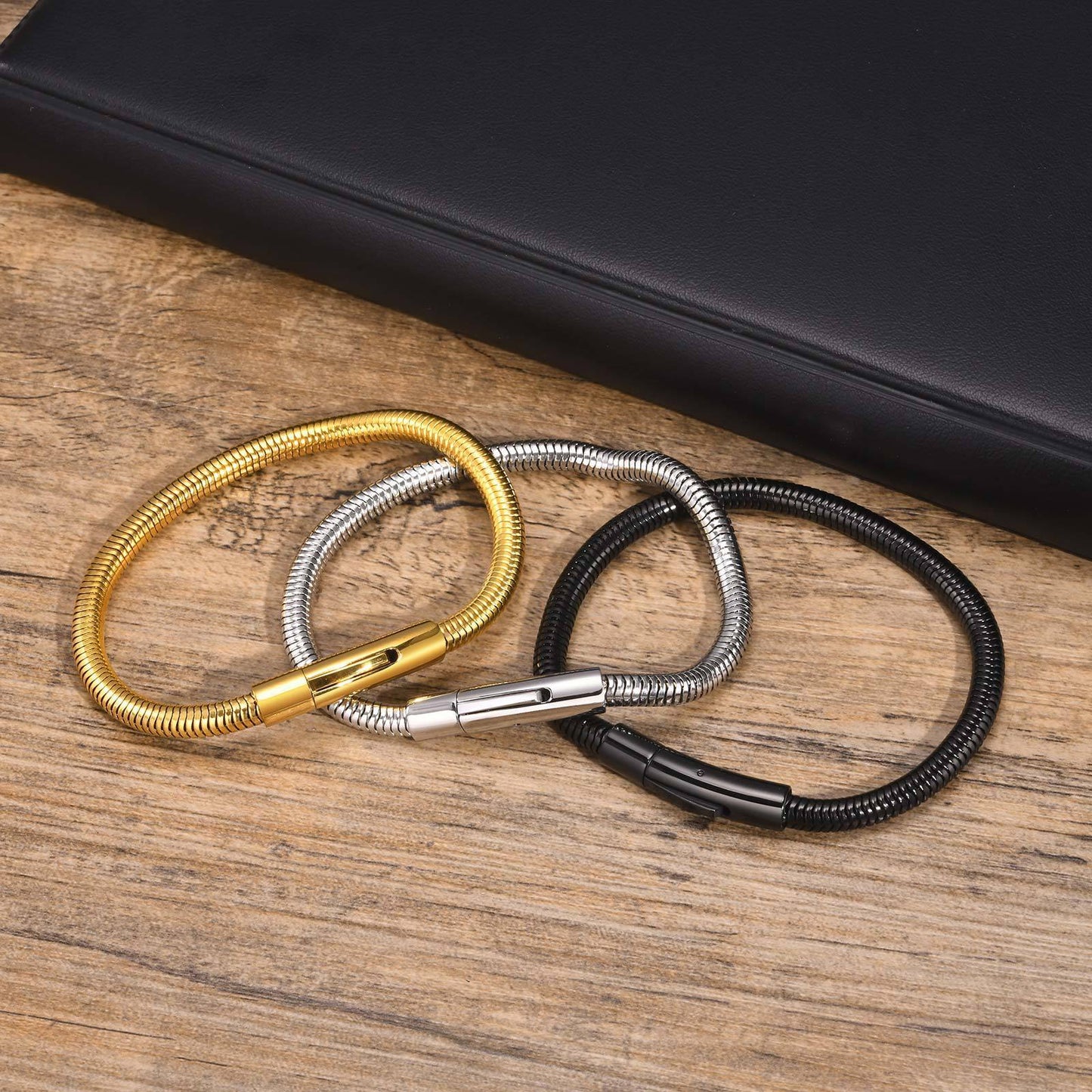 Men's Steel Snap Round Snake Chain Thick Bracelets