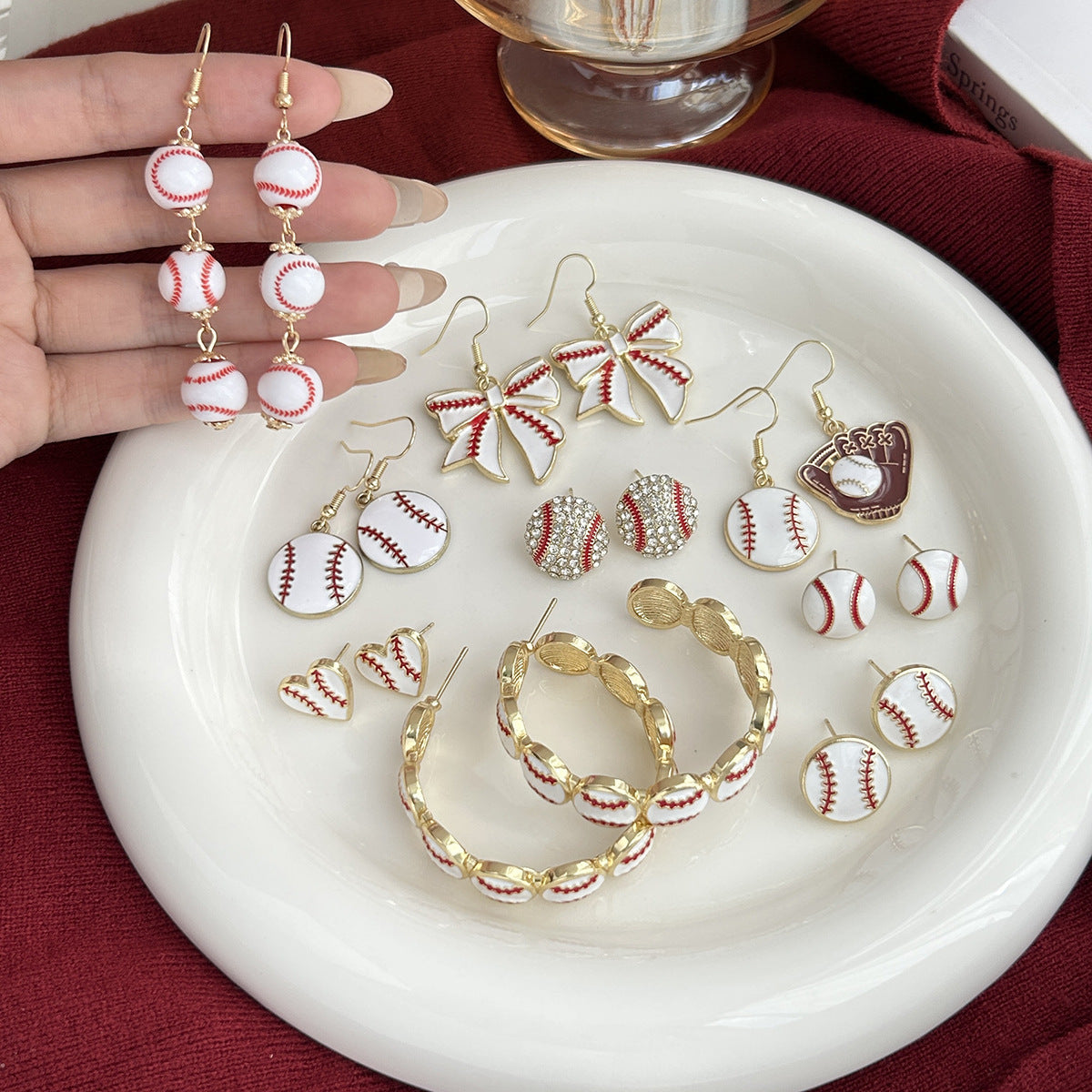 Sports Game Baseball Element Bow Love Heart Long Fringe Rings