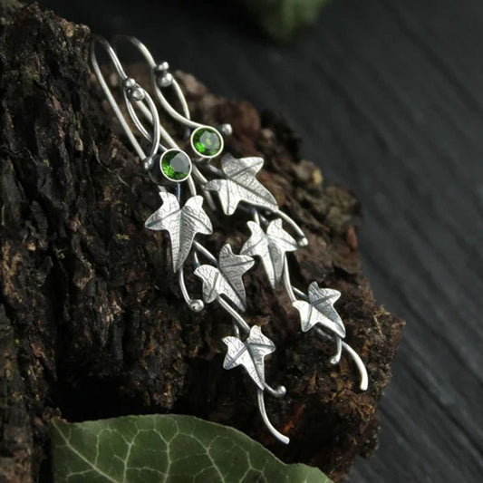 Women's Plant Leaf Vine Ancient Sier Diamond Earrings