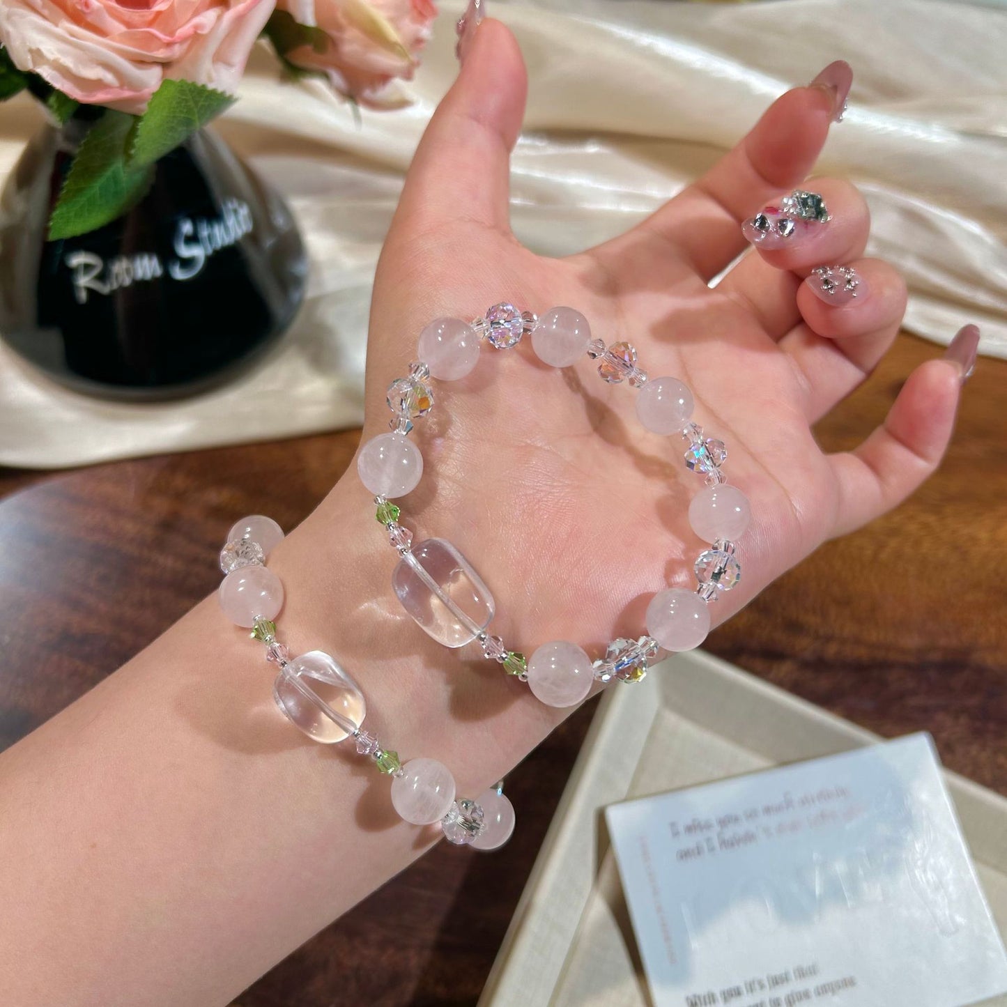 Pink Jade With Cut Crystal Gentle Fresh Bracelets