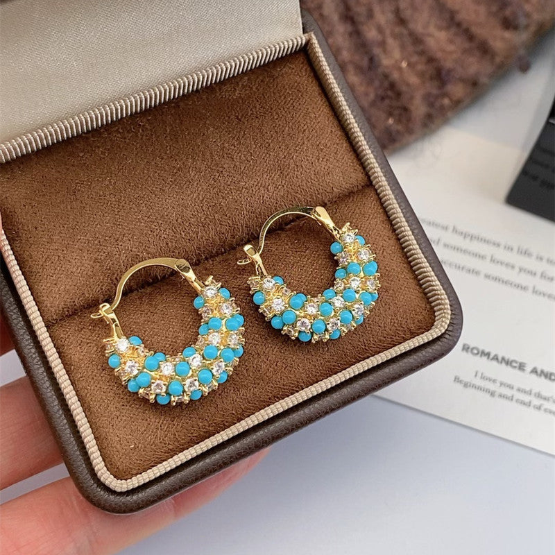 Women's French Retro Turquoise Full Diamond Bag Ear Clip Light Luxury Earrings