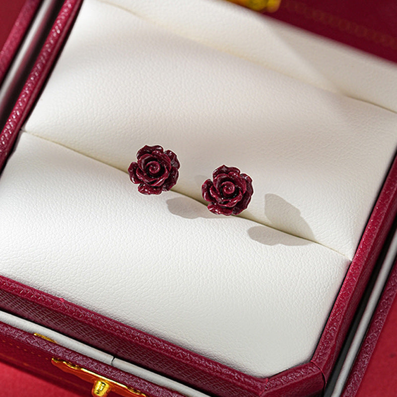 Broadcast Style Original Red Three-dimensional Flower Ear Earrings