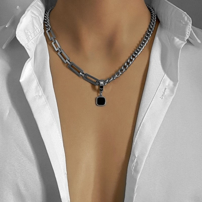 Women's & Men's Hip Hop Titanium Steel Chain Stitching Simple Black Necklaces