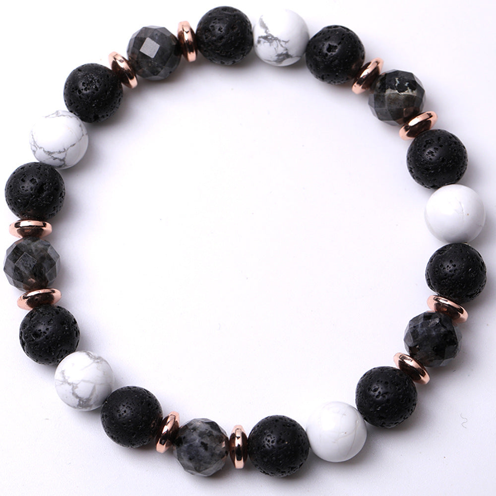 Women's & Men's Black Flash Mixed White-barked Pine Volcanic Rock Diamond-shaped Iron Ore Bracelets