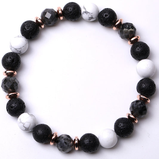 Women's & Men's Black Flash Mixed White-barked Pine Volcanic Rock Diamond-shaped Iron Ore Bracelets