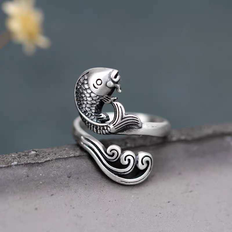 Enamel Color Auspicious Gradient Lucky Koi Chinese Ring