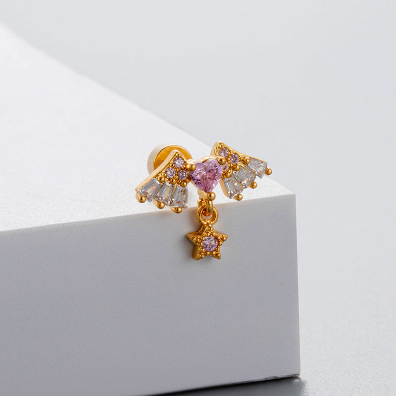 Gold Titanium Steel Ear Bone Angel Wings Loving Heart Earrings