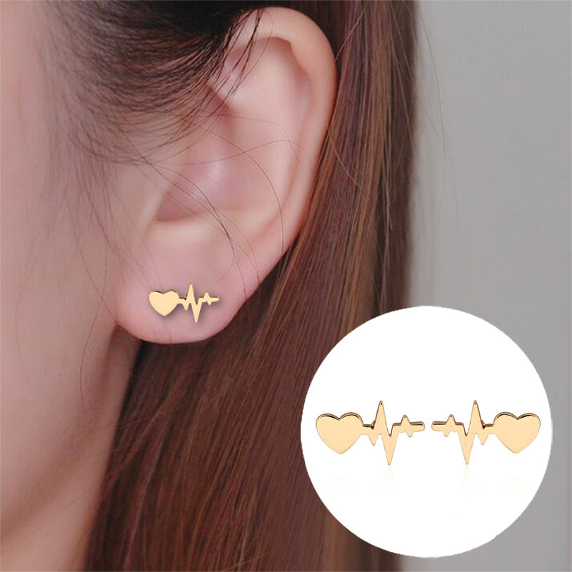 Love Heart Peach Couples Ecg Ear Bone Stud Earrings