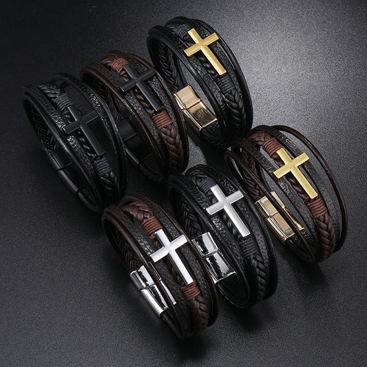 Men's Cross Leather Handmade Braided Rope Magnetic Bracelets