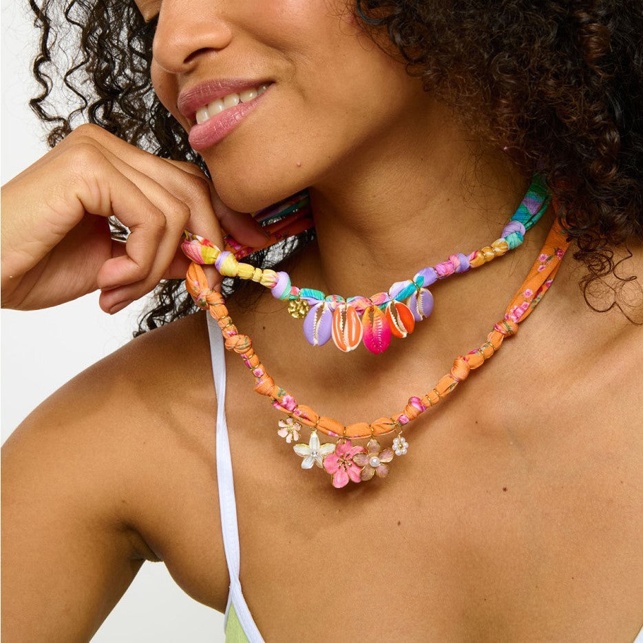 Marine Life Colorful Flower Shell Silk Scarf Cloth Gold Plated Necklace
