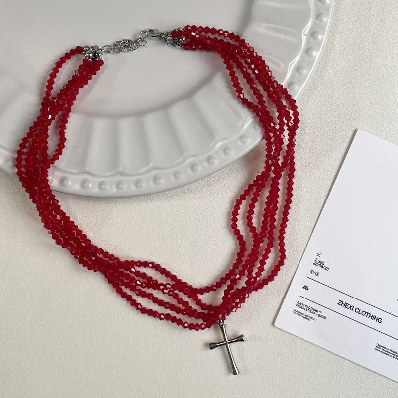 Light Luxury Exquisite Red Beaded Cross Female Sweet Cool Necklaces