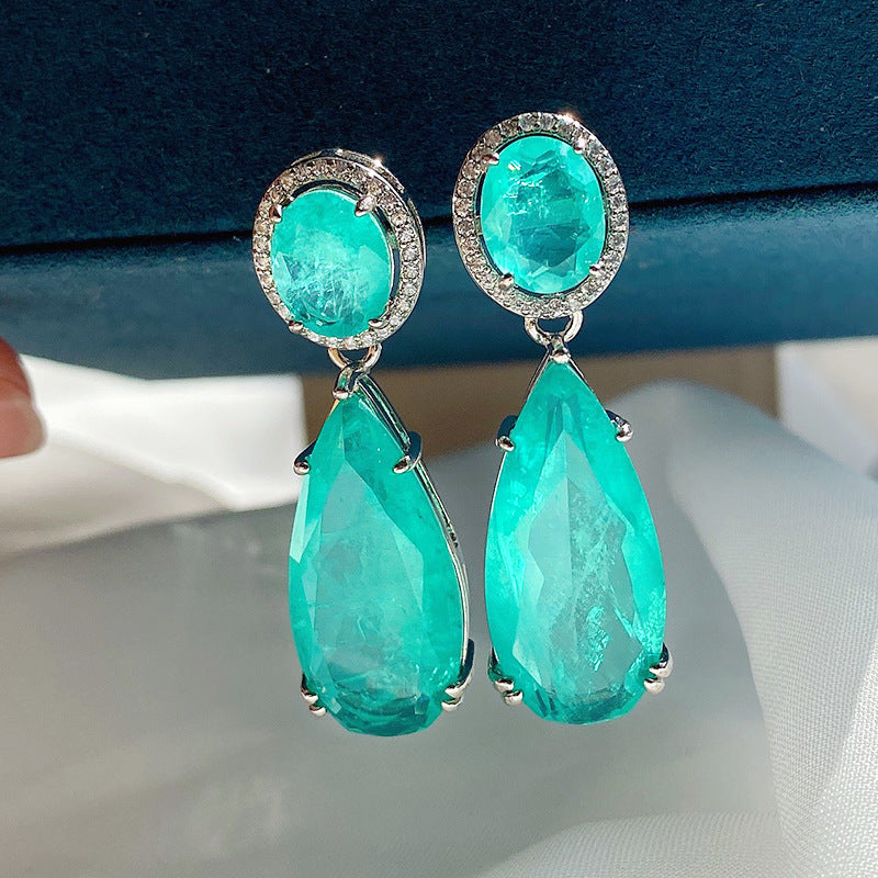 Women's Retro Large Water Drop Artificial Emerald Bar Earrings