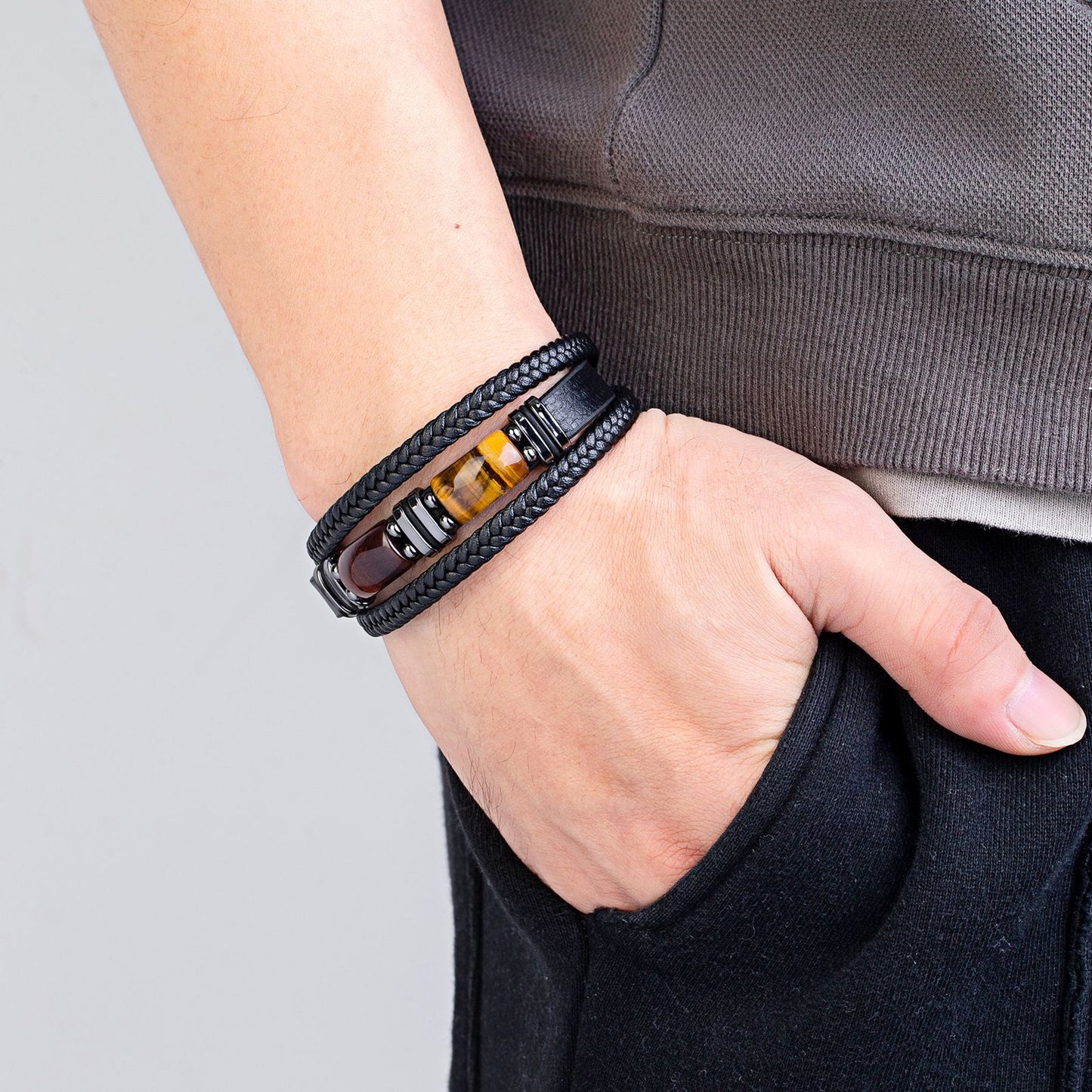 Men's Eye Leather Rope Stainless Steel Magnetic Buckle Bracelet