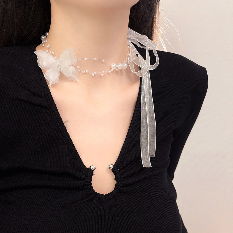 Women's Pearl Butterfly Clavicle Chain Ribbon Neck Necklaces