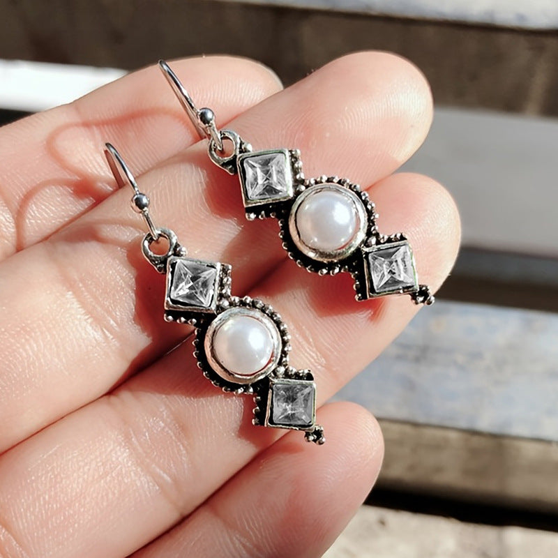 Women's Sier Pearl Plated Creative Square Diamond Olive Green Earrings