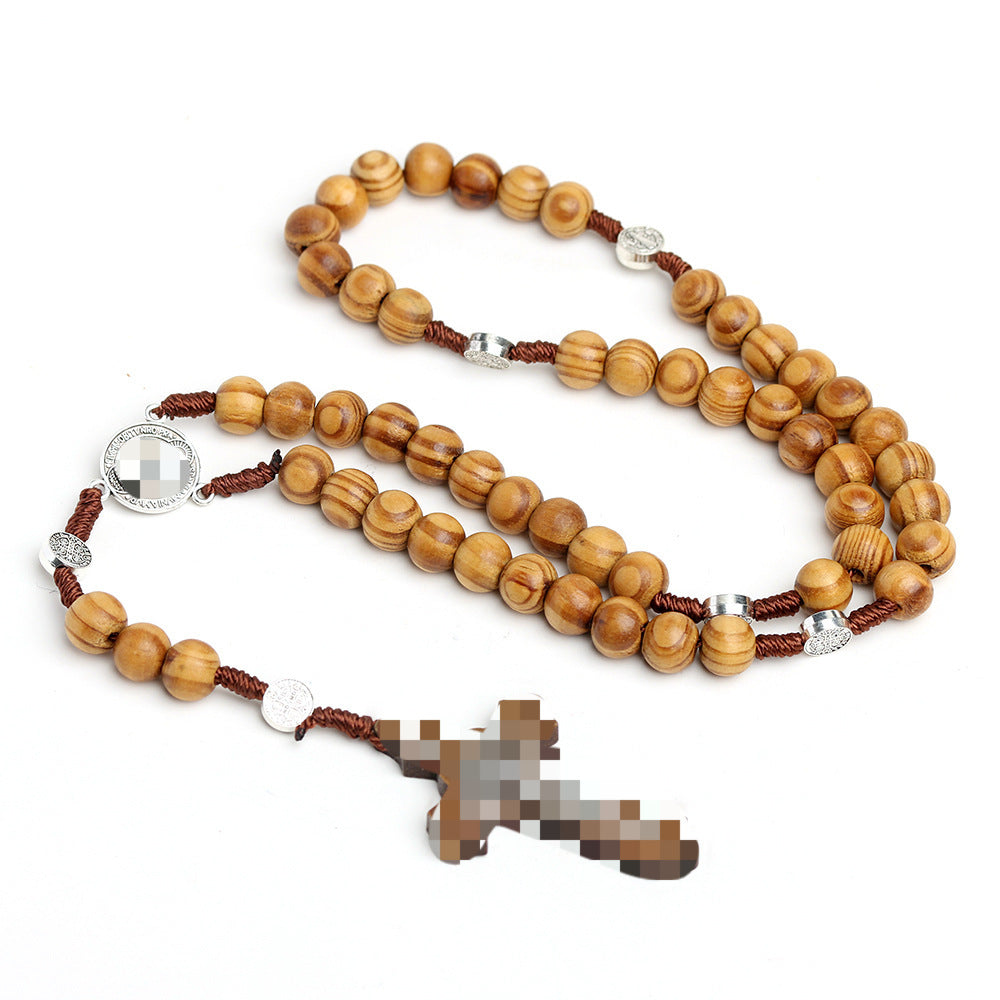 Cross Rosary Hand Knotted Wooden Bead Coffee Necklace