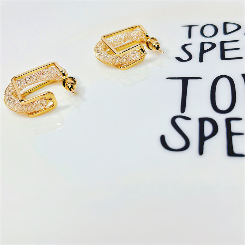 Mesh Design Fashion Hollow Gold Silk Woven Elegant Earrings