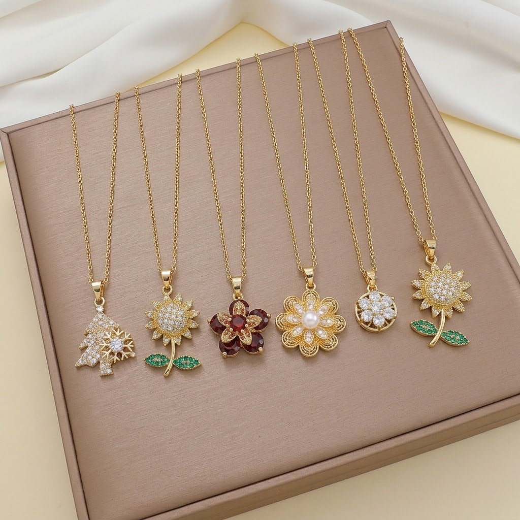 Female Minority Fashion Design Rotating Bauhinia Zircon Flower Necklace