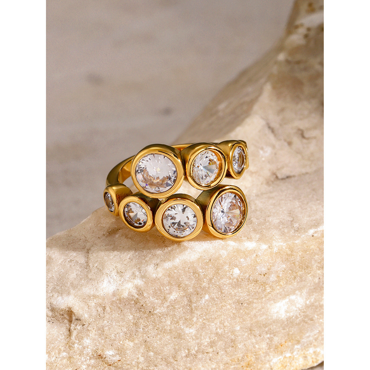 Popular Gold Stainless Round Open-end Zircon Rings