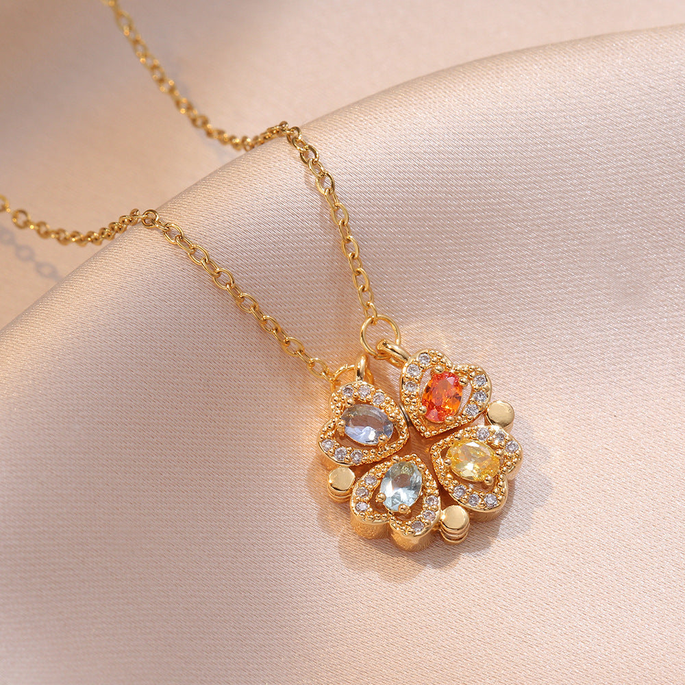 Women's Steel Cross Chain Open Close Four-leaf Flower Necklace