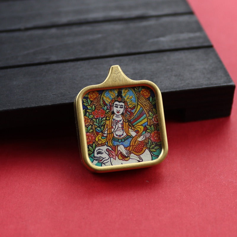 Tibetan Square Hand Painted Golden Outline Eight Patron Pendants