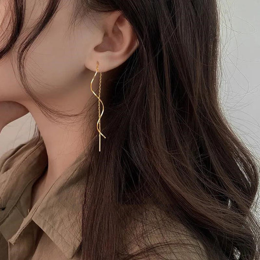 Women's Wave Design Simple Choker Face Slimming Long Tassel Graceful Earrings