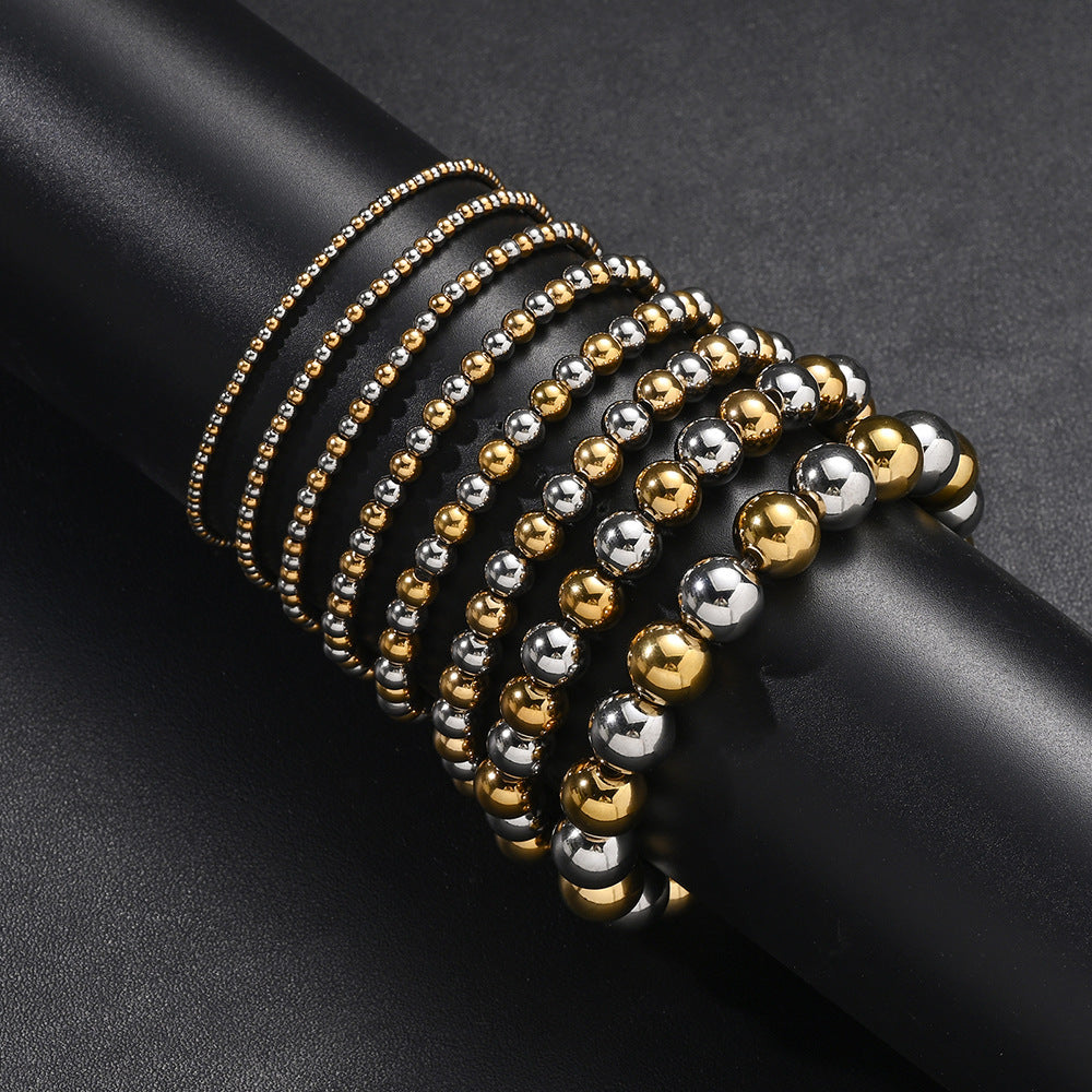 Texture Waterproof Hard-wearing Stainless Steel Mixed Color Two-color Round Beads Bracelet