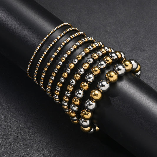 Texture Waterproof Hard-wearing Stainless Steel Mixed Color Two-color Round Beads Bracelet