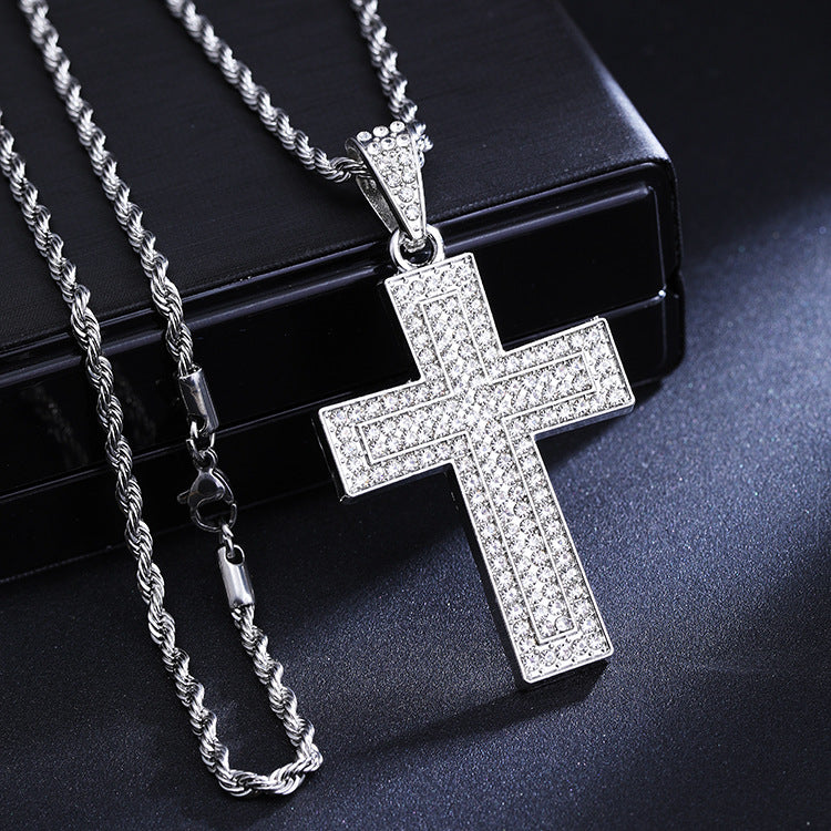 Full Diamond Cross Long Titanium Steel Hemp Flowers Necklace